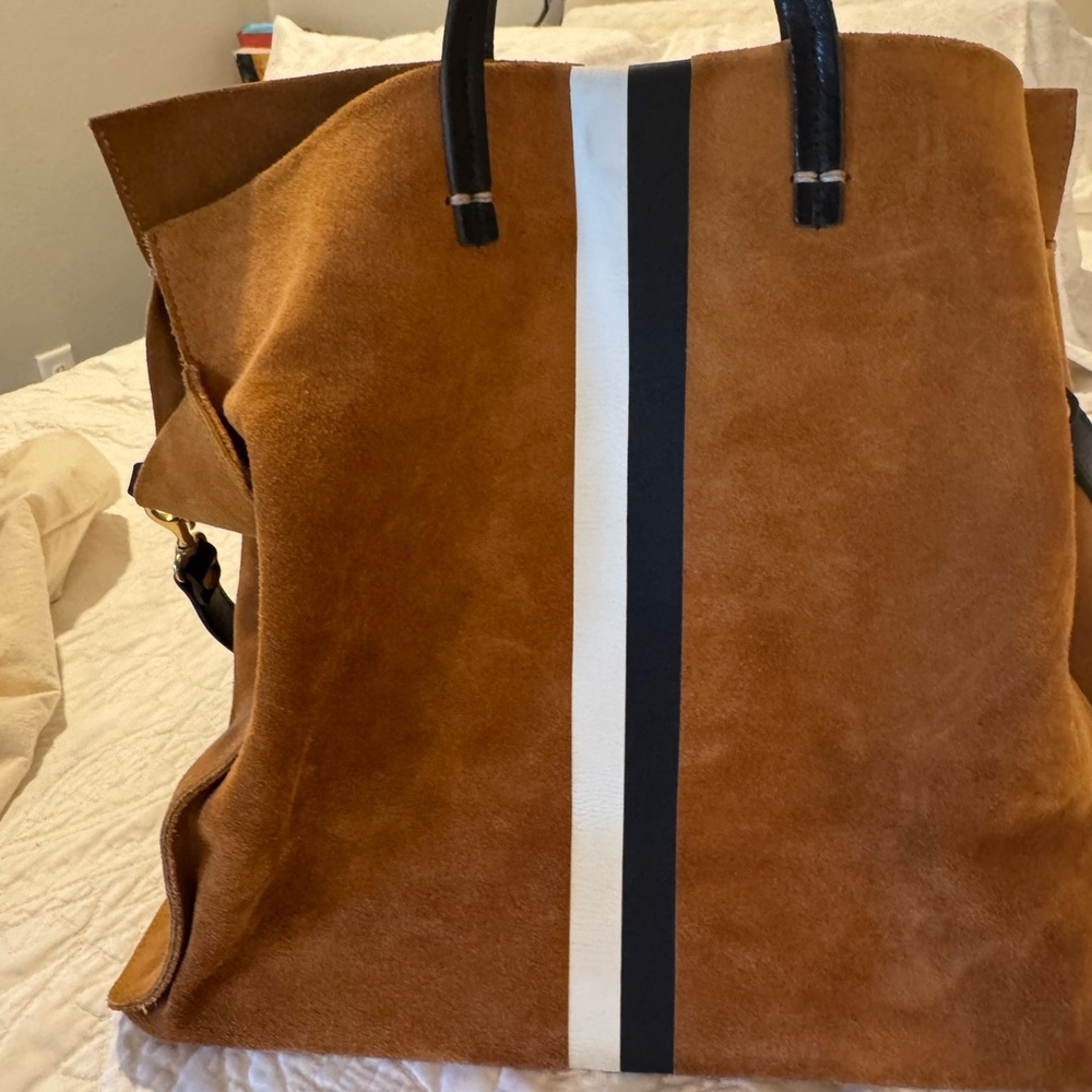 Elegant Tan Suede Satchel with Black and White Stripe - Picture 2 of 6